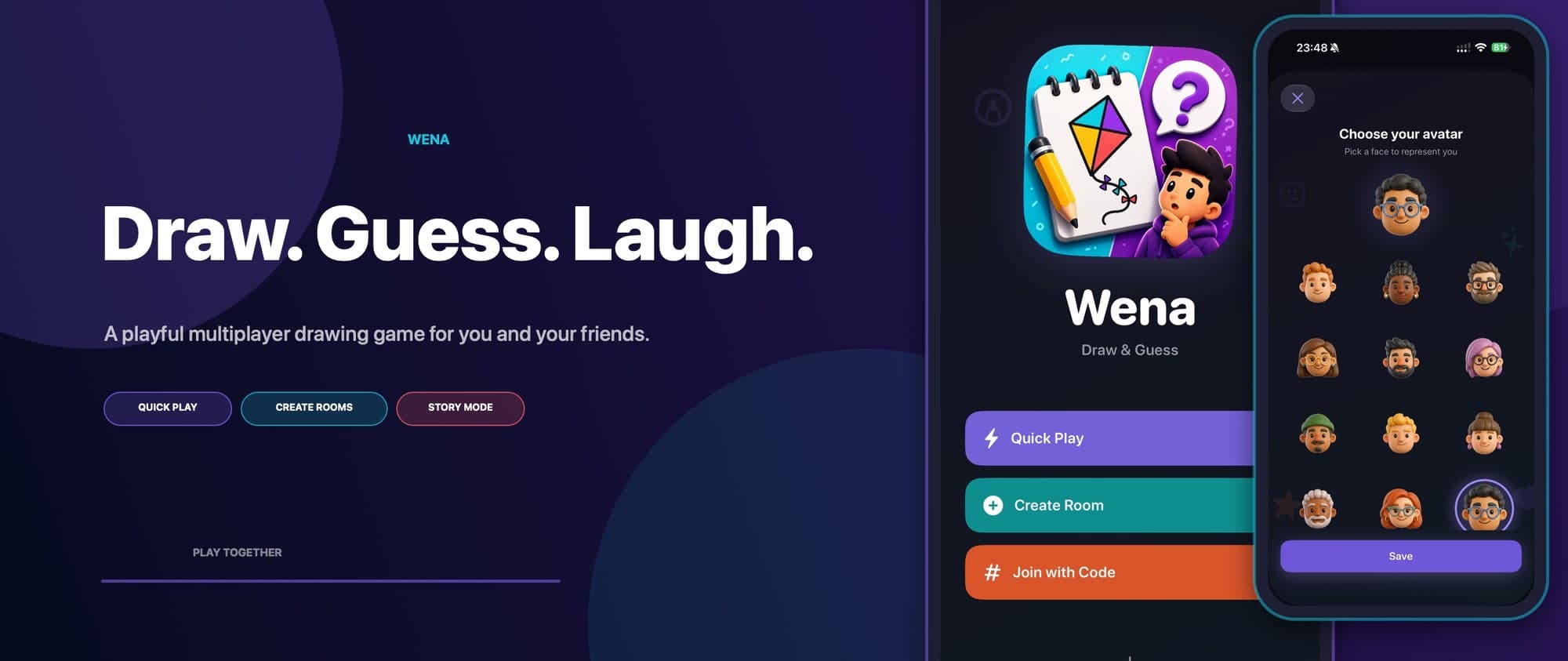 Wena app screens showing the home menu with Quick Play, Create Room and Join with Code, plus the avatar picker